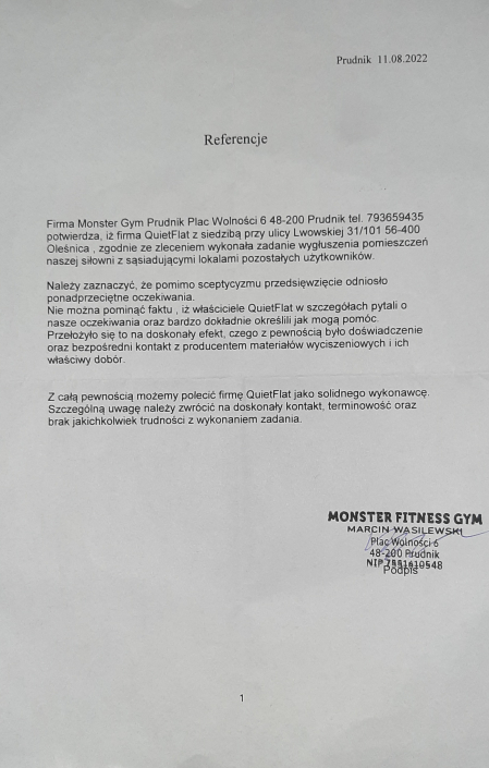 Wygłuszanie pomieszczeń biurowych dla firmy Monster GYM